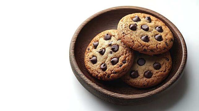Freshly baked chocolate chip cookies on a rustic wooden plate, isolated on a white background - Powered by Adobe