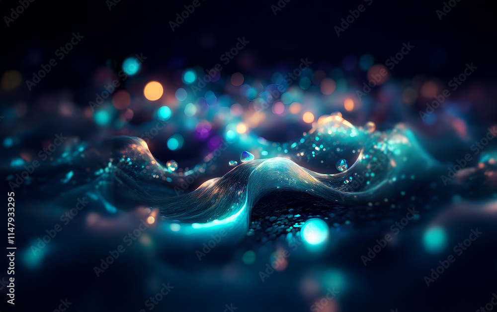 Aufkleber abstract digital art with flowing luminous shapes and a glowing bokeh effect.