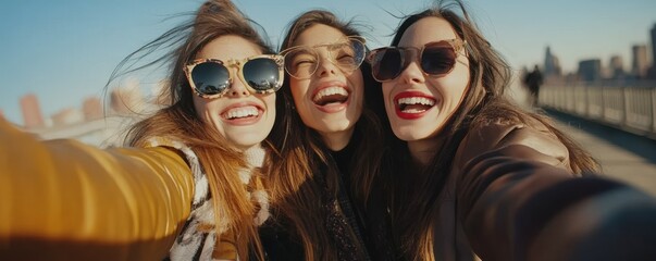 Fototapeta premium City, selfie and excited women hug, smile and laugh with cool streetwear on bridge together. Social media, support and happy gen z friends with urban fashion, post and fun bonding in street portrait.