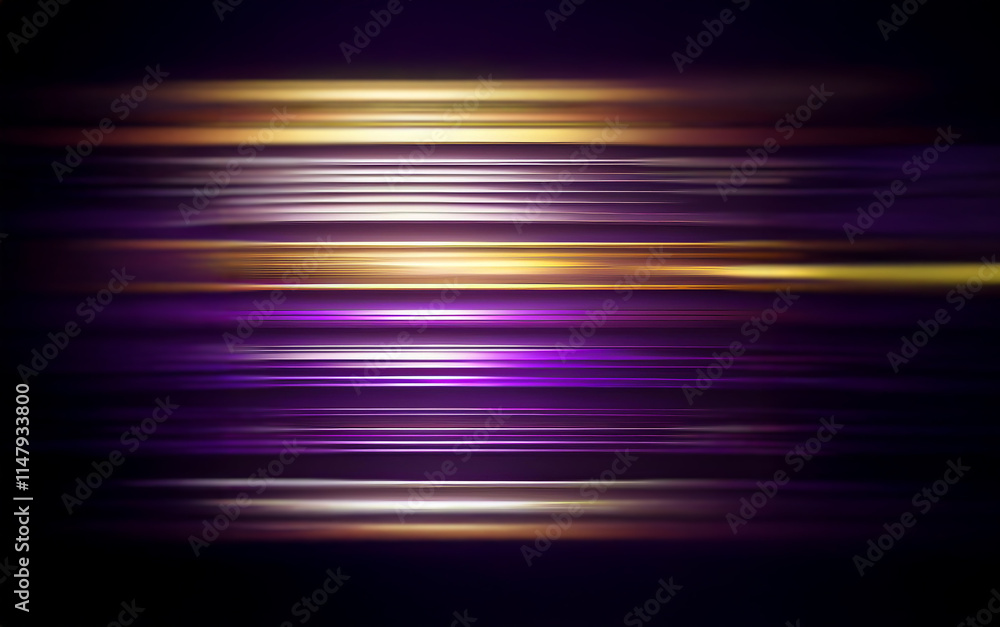 Poster abstract background with blurred horizontal lines of purple and yellow light.