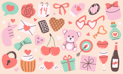 Cute Valentine's Day set. Romantic hand-drawn decorative elements collection. Perfect for scrapbooking, greeting cards, party invitations, posters, and stickers.