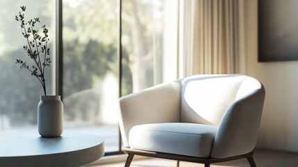 Minimalist modern lounge with refined, stylish decor. Featuring clean lines and muted tones