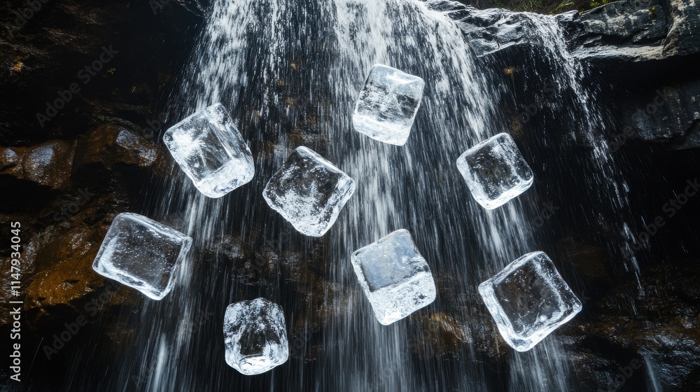 Poster a waterfall with ice cubes falling from it. there are nine ice cubes in total. the waterfall is surr