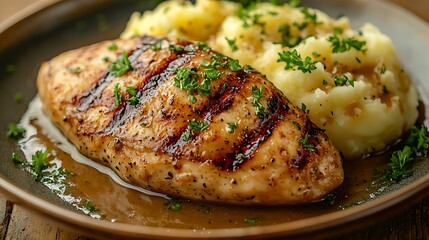 Grilled chicken breast with a side of mashed potatoes and gravy, isolated on a soft tan background