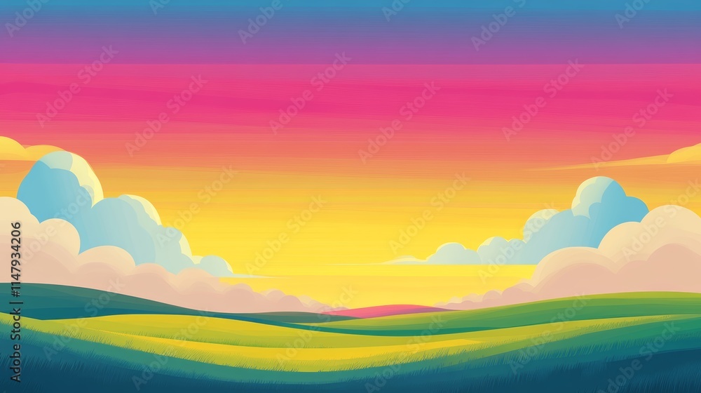 Poster a computer generated image of a field with a sunset in the background. the sky is filled with clouds