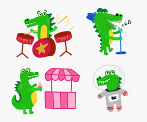 Cartoon happy crocodile set. Colloctions of crocodile with many activities for print, t shirt. Kids fun vector illustrationsai