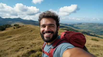 Fototapeta premium Young Caucasian man hiking in scenic mountain landscape with cloudy sky