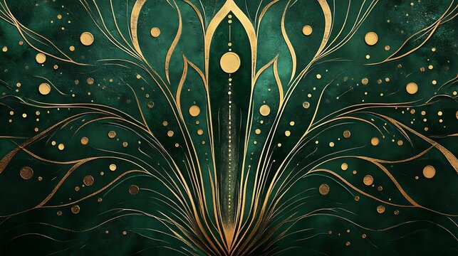 Elegant art deco Christmas tree design for luxury invitation with subtle gold accents and spot texture on green background