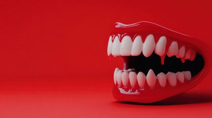 Obraz premium Sexy Vampire Woman lips with blood,Dripping blood on mouth, witches or beast creatures,female lips with fangs,horror holiday monsters,Vampire makeup Fashion Art design,Halloween banner background.