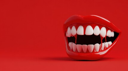 Naklejka premium Sexy Vampire Woman lips with blood,Dripping blood on mouth, witches or beast creatures,female lips with fangs,horror holiday monsters,Vampire makeup Fashion Art design,Halloween banner background.