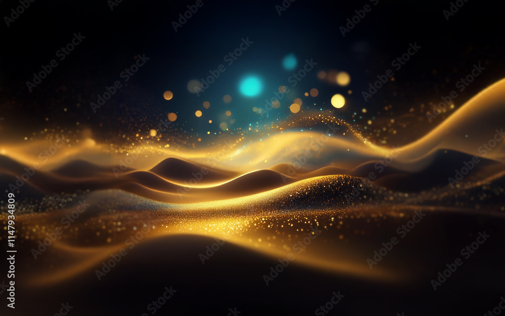 Poster abstract digital art with glowing waves and sparkling particles against a dark background.