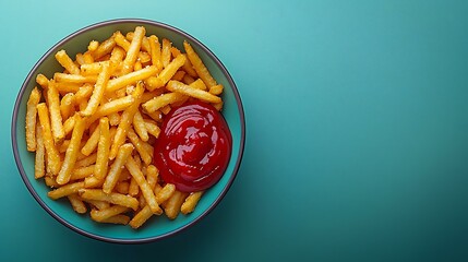 Plate of crispy golden fries with ketchup, isolated on a teal background