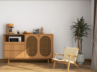A stylish living space features a wooden sideboard with rattan accents, decorative items, a...