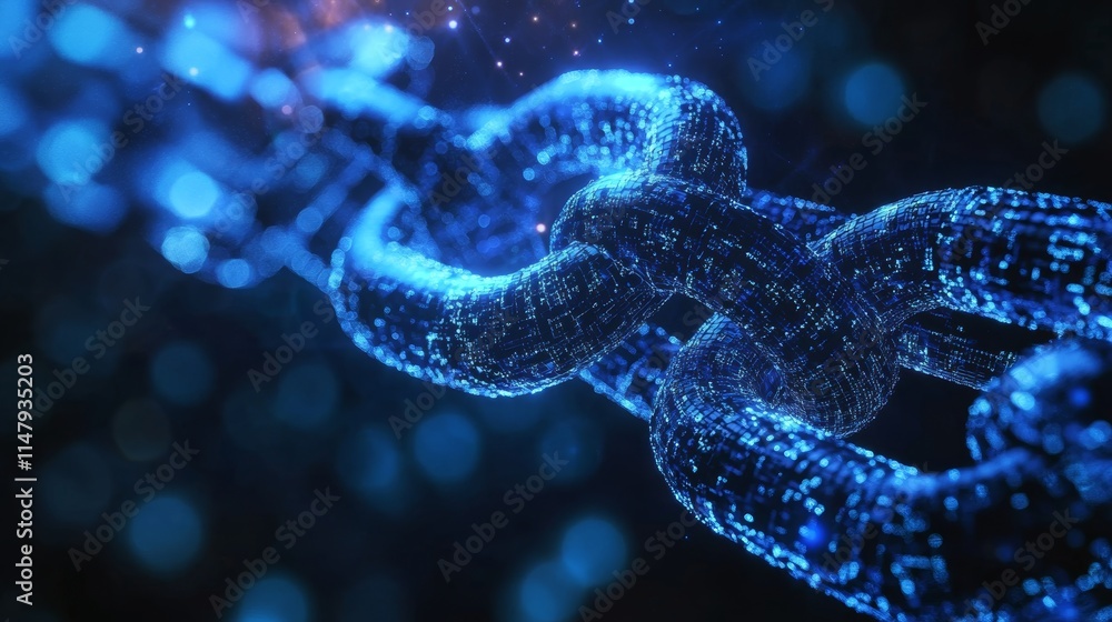 Poster digital representation of a glowing blockchain chain in a futuristic environment showcasing technolo