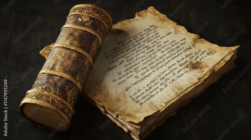 Poster old magic book and parchment scroll icon for medieval game ui. ancient wizard papyrus with spell. wi