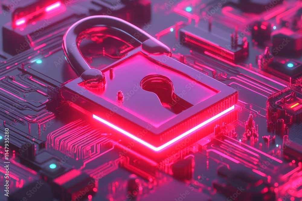 Poster digital lock symbolizing cybersecurity with vibrant neon colors and circuit patterns in a modern tec