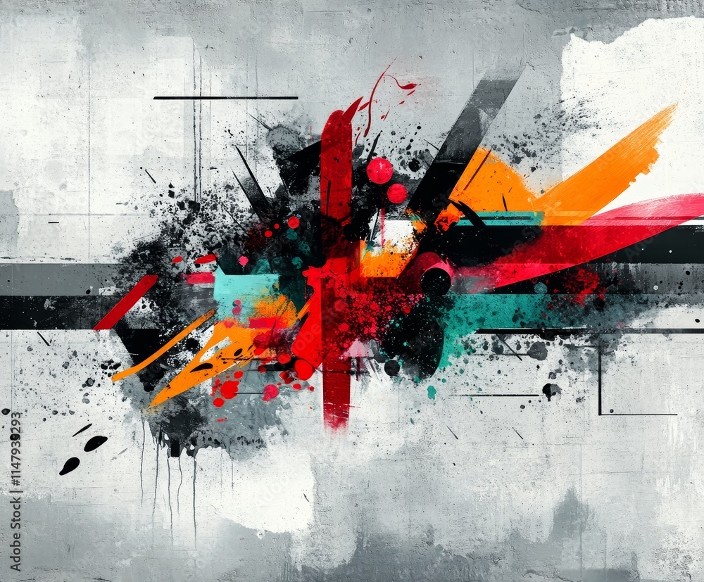 Poster abstract explosion of colors and shapes on a textured canvas evoking emotion and creativity in a con