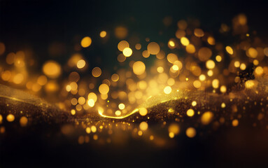 A dark background with a glimmering stream of gold light and bokeh.