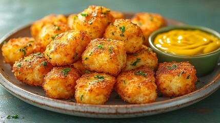 Fototapeta premium Plate of golden-brown chicken nuggets with a side of honey mustard, isolated on a bright orange background