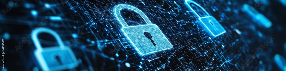 Poster digital locks symbolize data security in a virtual environment with interconnected nodes and glowing