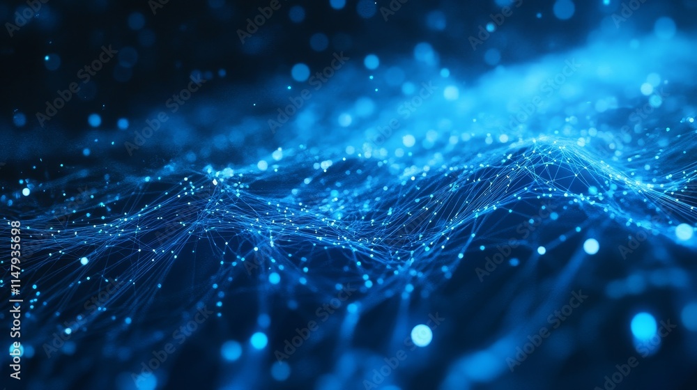 Poster blue glowing particles create an abstract representation of waves in digital space, influencing tech