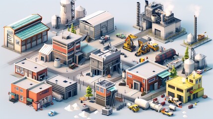 A clean and realistic isometric set of industrial buildings and construction elements, designed as part of a flat 3D city map for games