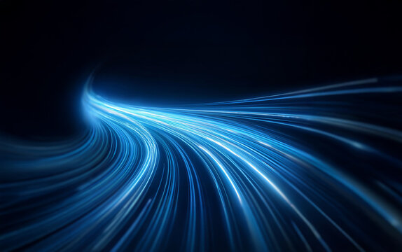 Abstract blue streaks of light curve and move across a dark background, creating a sense of speed and motion.