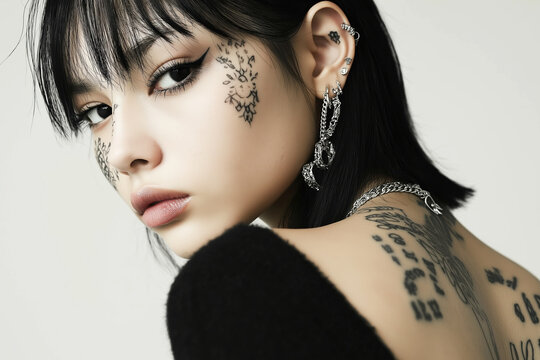 Asian young woman with tattoos and piercings in artistic portrait