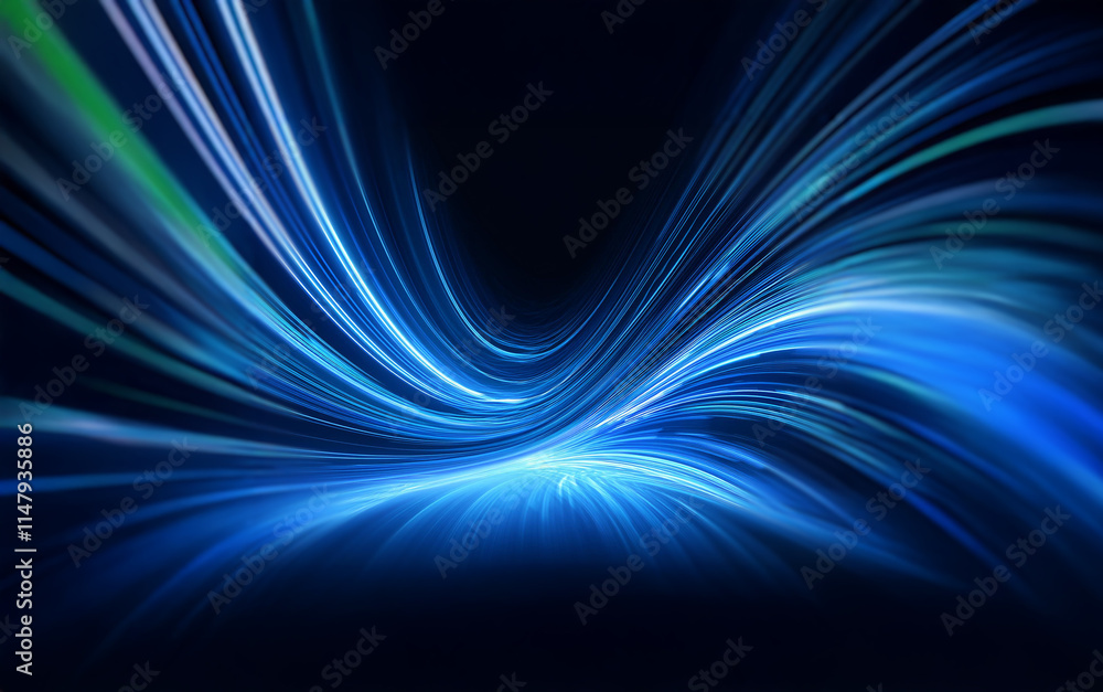 Poster Abstract blue and green light streaks curve and flow, creating a sense of motion and speed in a dark background.
