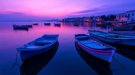 Colorful boats at dawn in a tranquil harbor with a village backdrop.