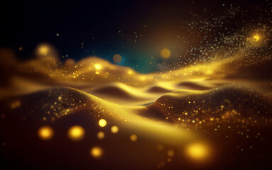 A glowing golden landscape with swirling clouds, illuminated by scattered orbs of light.