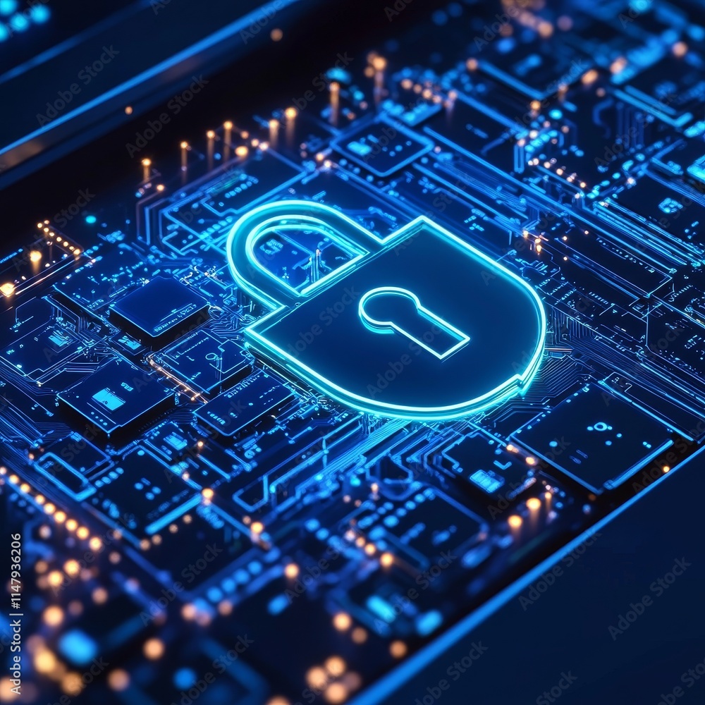 Poster digital security symbol with glowing lock over microchip circuit board illustrating cybersecurity te