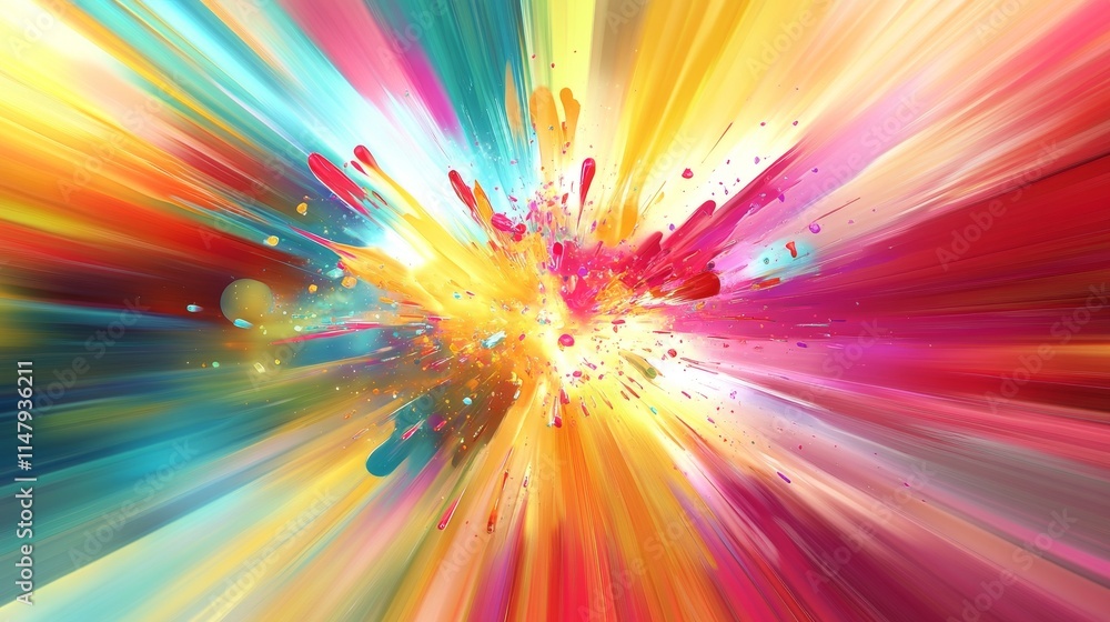 Poster a colorful explosion of paint with a yellow center. the explosion is made up of many different color