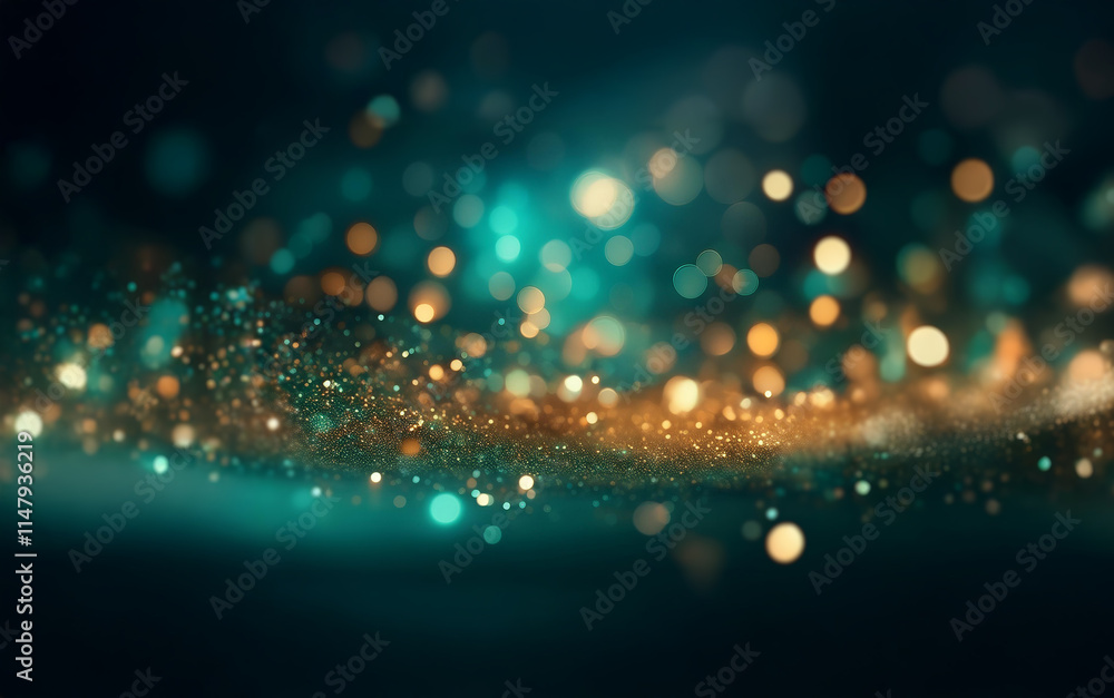 Poster abstract background of a swirling teal and gold bokeh effect.