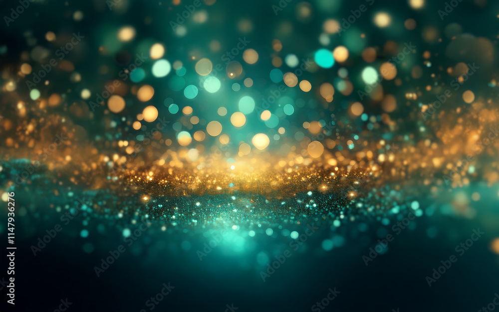 Poster A dark background with a layer of glowing gold glitter at the bottom and a layer of blue and gold bokeh above it, creating a dreamlike atmosphere.