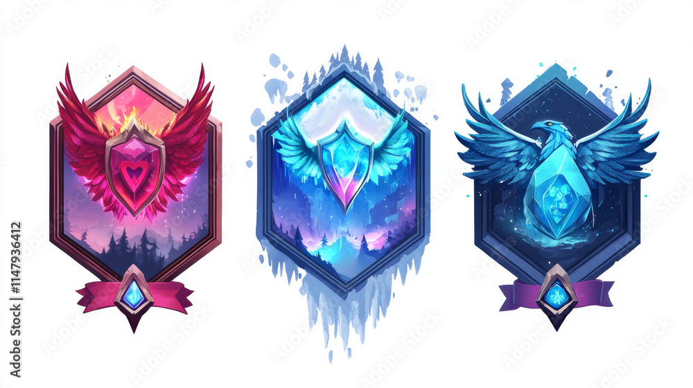 Poster game ice badges with level number. achievement rank emblems, frozen hexagon label of game level with