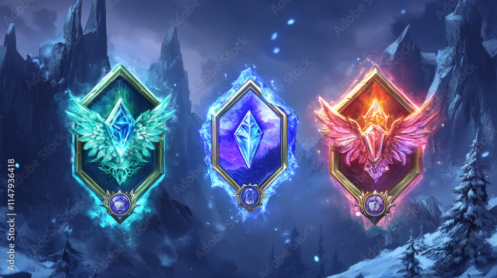 Poster game ice badges with level number. achievement rank emblems, frozen hexagon label of game level with