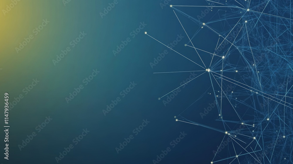 Poster digital network visualization with interconnected lines and nodes against a gradient background