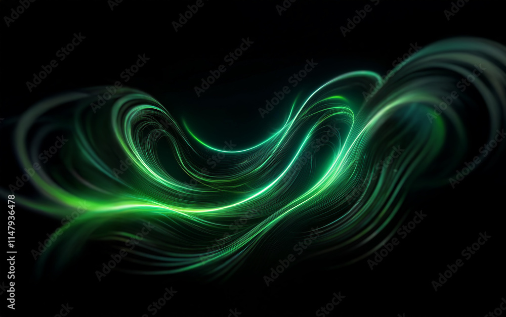 Poster abstract digital art with flowing green lines on a black background.