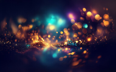 Obraz premium A dark, abstract background with scattered bokeh lights in shades of blue, teal, purple, and gold.