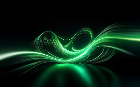Abstract glowing green light waves on a dark background.