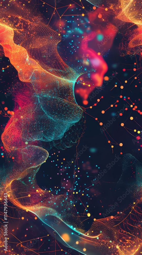 Poster dynamic abstract design showcasing vibrant colors and intricate patterns in a modern digital art pie