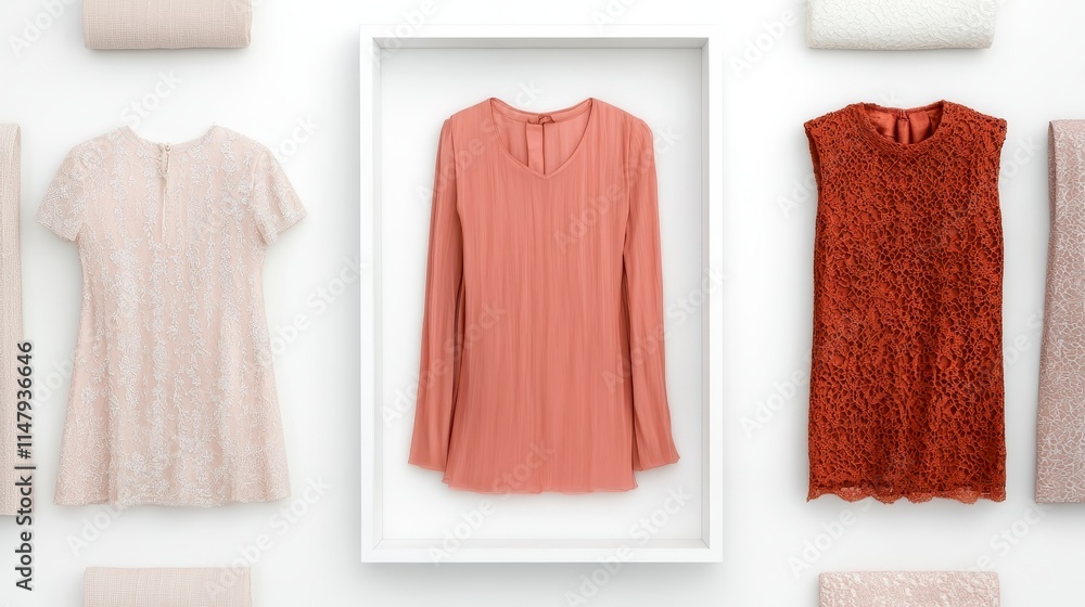 Poster three stylish dresses in soft colors are displayed neatly on a white background, showcasing a blend 