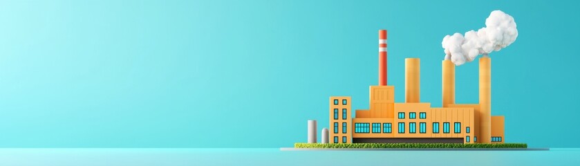 Obraz premium Carbon neutral concept. Colorful industrial factory with smokestacks against a bright blue background.