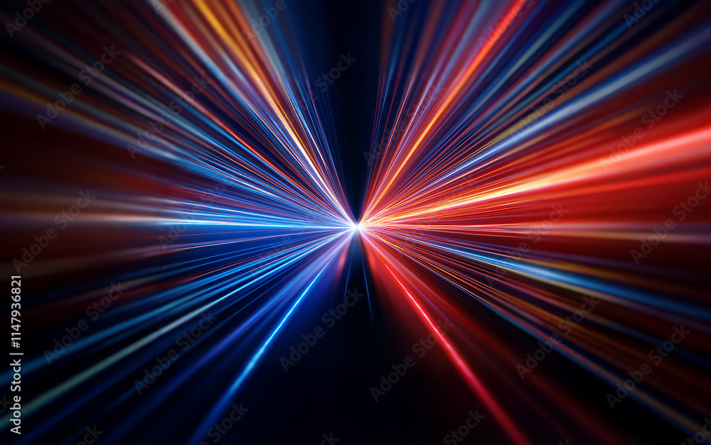 Poster a dark background with radiating lines of light in red, orange, and blue converging in the center.