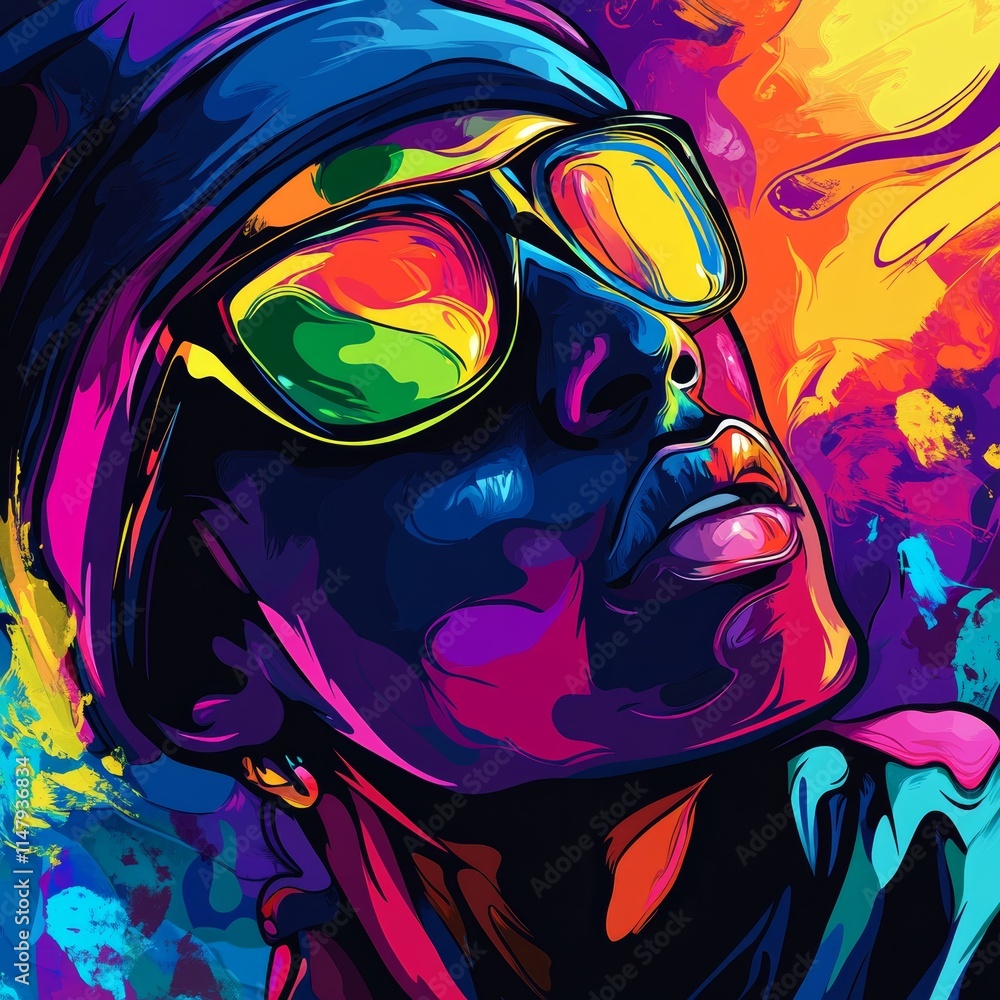 Poster vibrant artistic portrait of a person wearing sunglasses, showcasing colorful abstract patterns and 