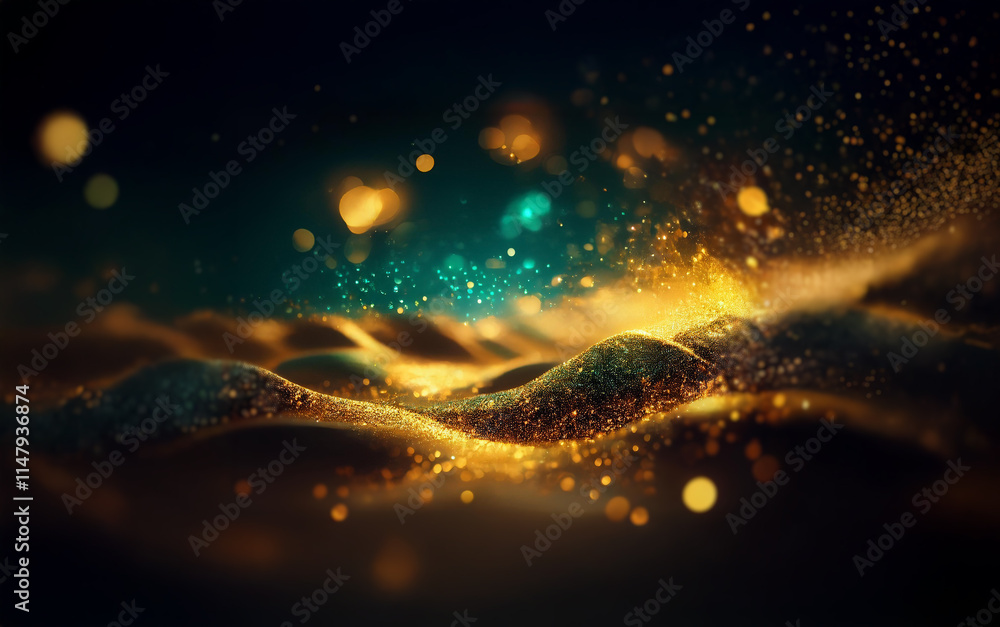 Aufkleber Abstract background with shimmering gold particles flowing like waves.