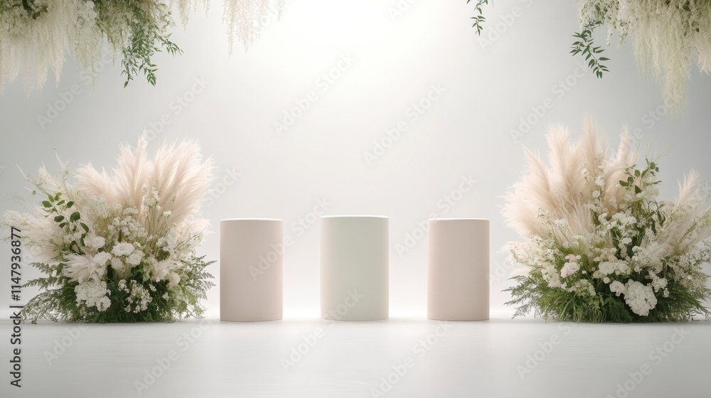 Poster a serene display featuring three cylindrical vases surrounded by lush floral arrangements, creating 