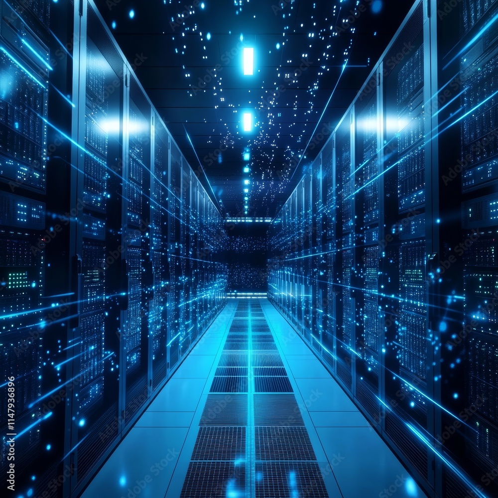 Poster network data center illuminated with blue lights showcasing servers and advanced technology in a fut