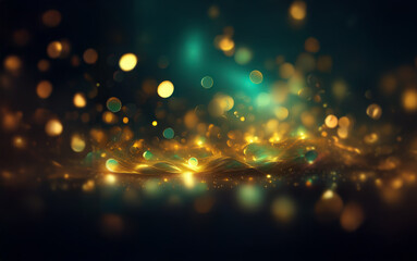 Obraz premium A dark background is illuminated by a collection of out-of-focus, glowing, gold and green lights.